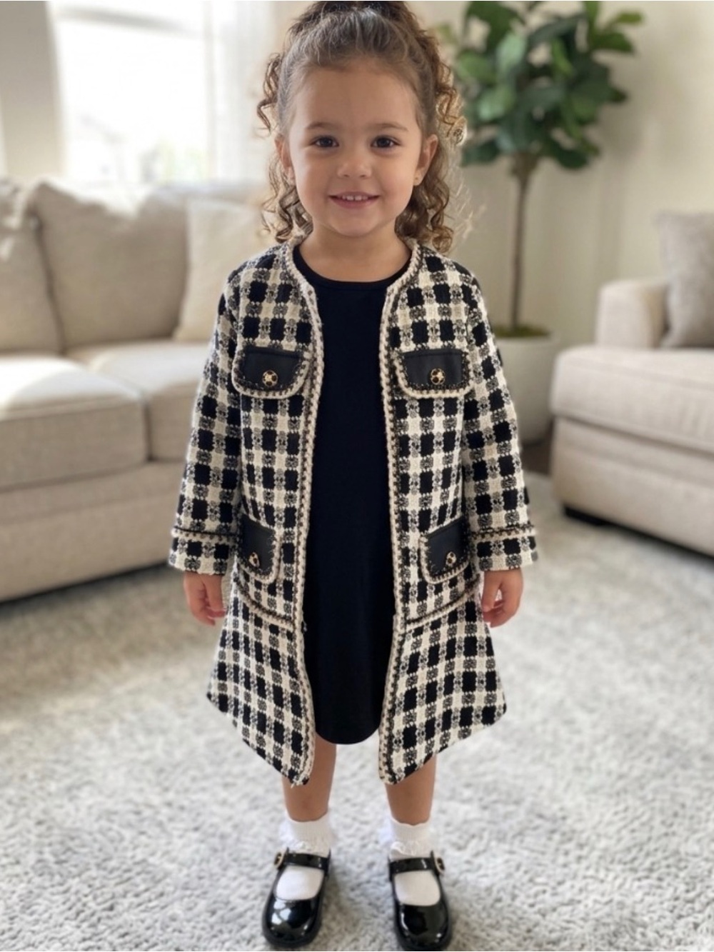 Blueberi Boulevard Girls 3T Black White Silver Trim Tweed  Check Print Open Coat